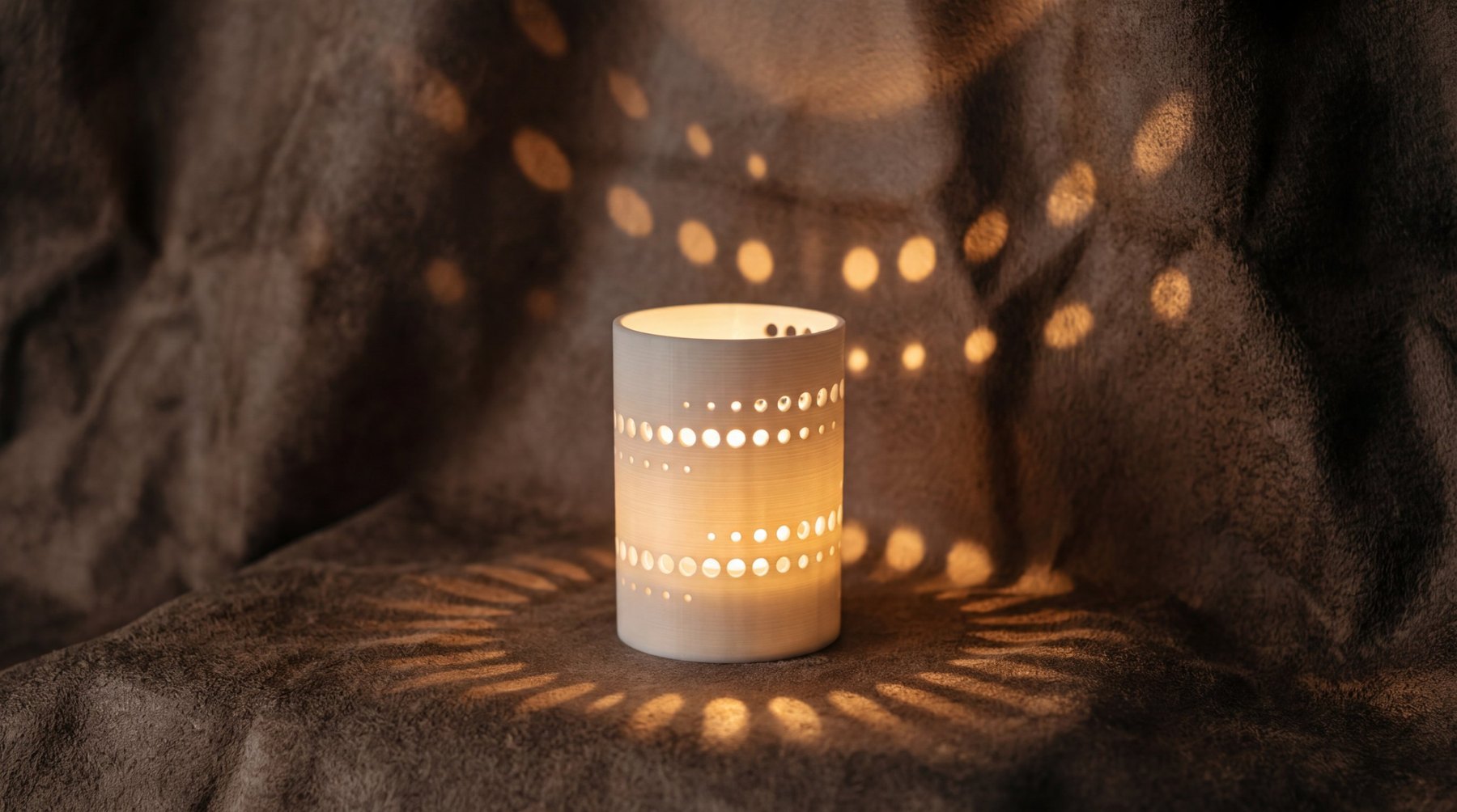 A 3D-printed perforated tea-light holder casting dots of warm light across a textured surface