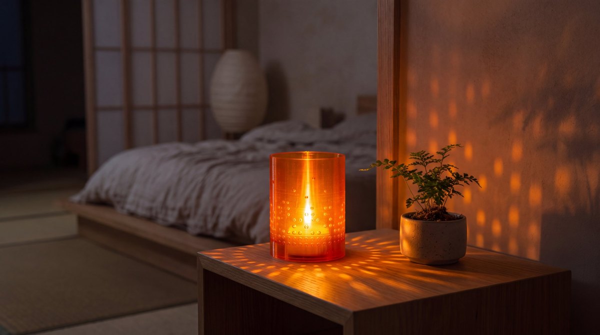 A warm printed tea-light holder on a bedside table, scattering light across the wall