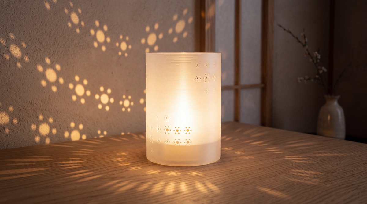 A frosted white printed tea-light holder throwing rosettes of light onto a wall